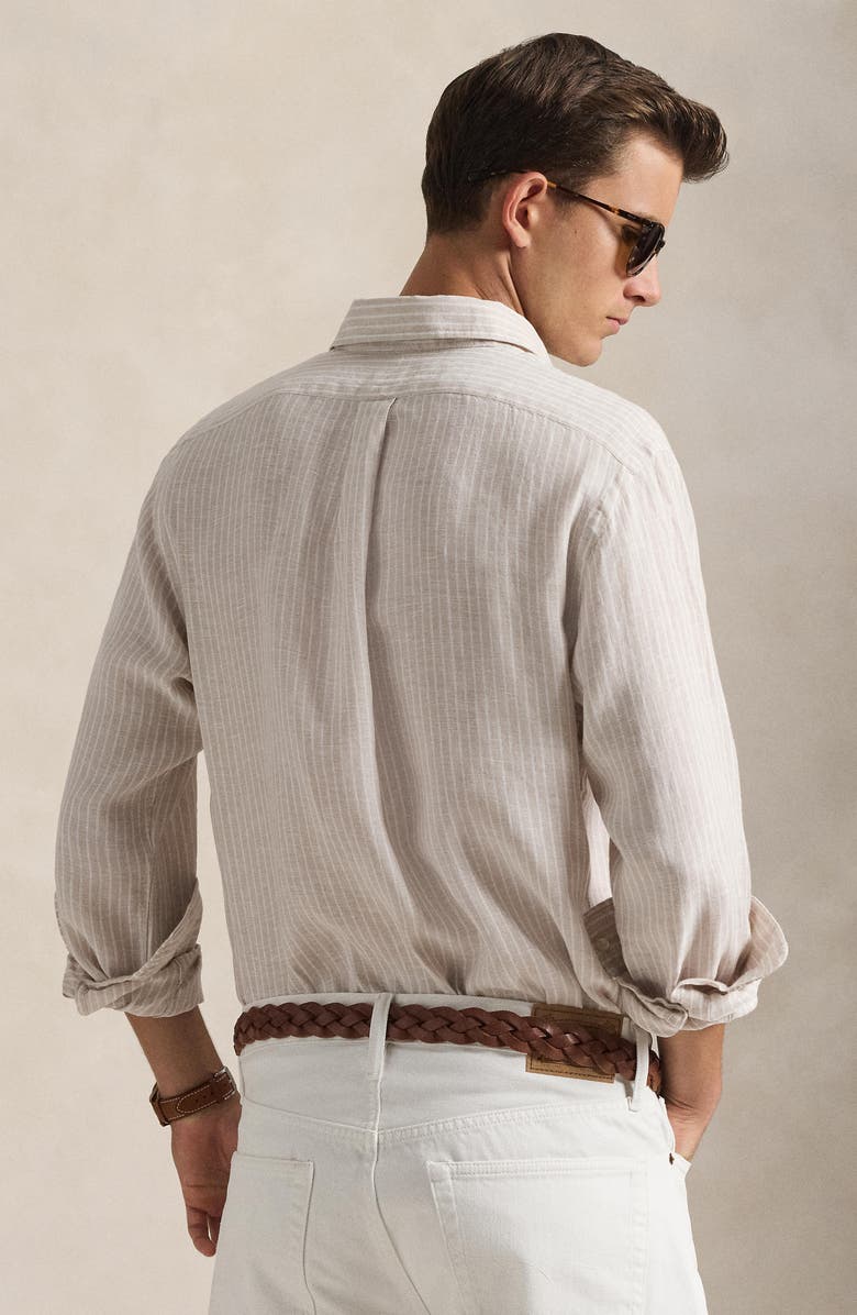 Polo Ralph Lauren Classic Fit Stripe Linen Button-Down Shirt, Alternate, color, Coastal Beige White
