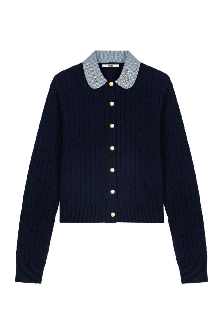 Cardigan with poplin collar, Alternate, color, Navy