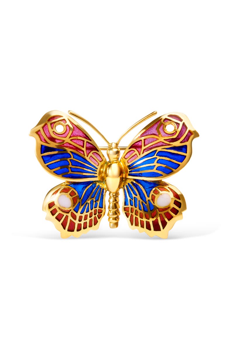Haus of Brilliance 18K Yellow Gold Red, Blue, and White Enameled Butterfly Brooch Pin, Main, color, Yellow
