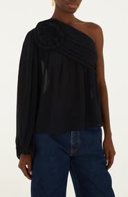 FARM Rio Black Rose One-Shoulder Top