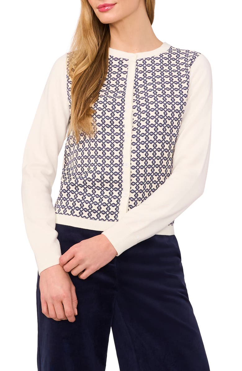 Ted Baker Geo Print Crewneck Cardigan, Main, color, Vanilla Ice