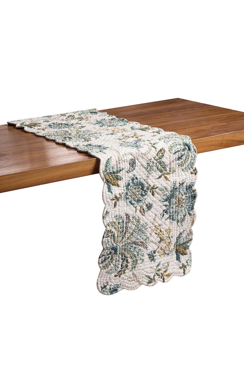 C&F Home Braganza Teal Rectangle Cotton Table Runner 14" x 51" Floral Design All Seasons Kitchen Dining Dinner Table Tablerunner Decor Decoration, Main, color, Blue