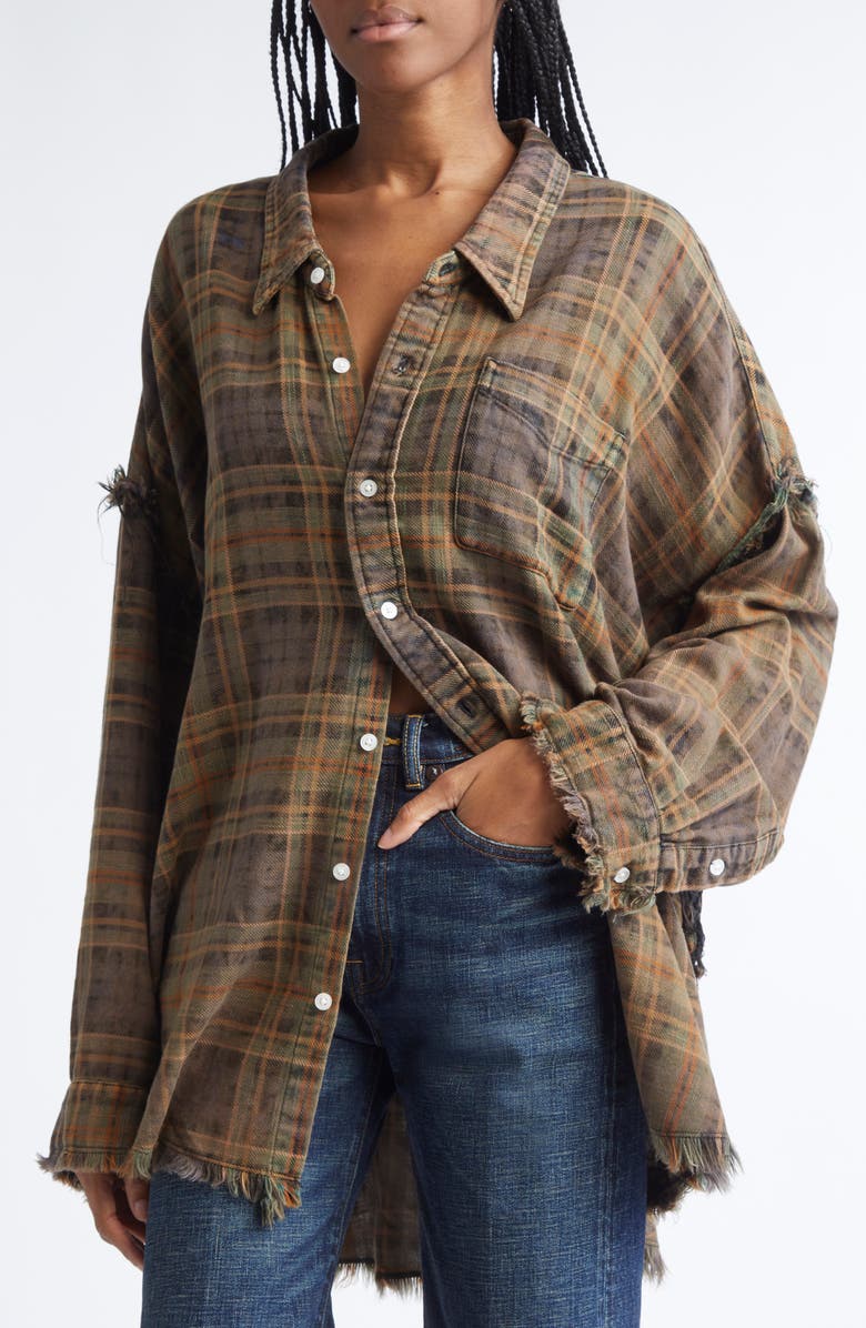 R13 Shredded Seam Drop Neck Plaid Flannel Button-Up Shirt, Alternate, color, Teal / Navy / Yellow Plaid