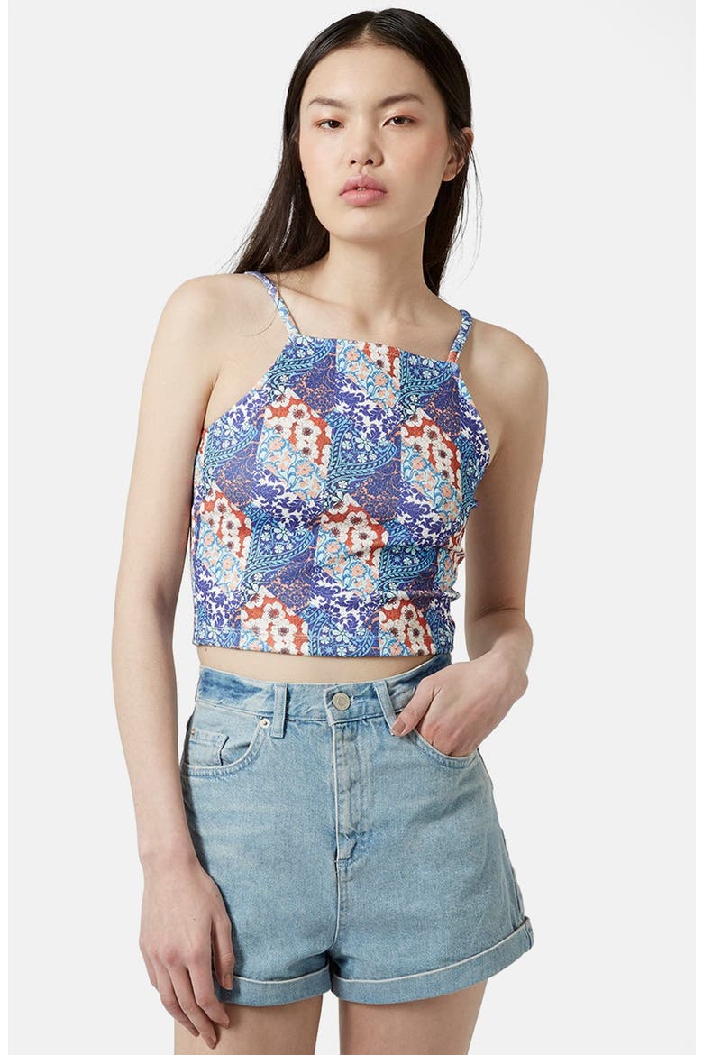 Patchwork Floral Print Crop Top, Main, color, BLUE MULTI