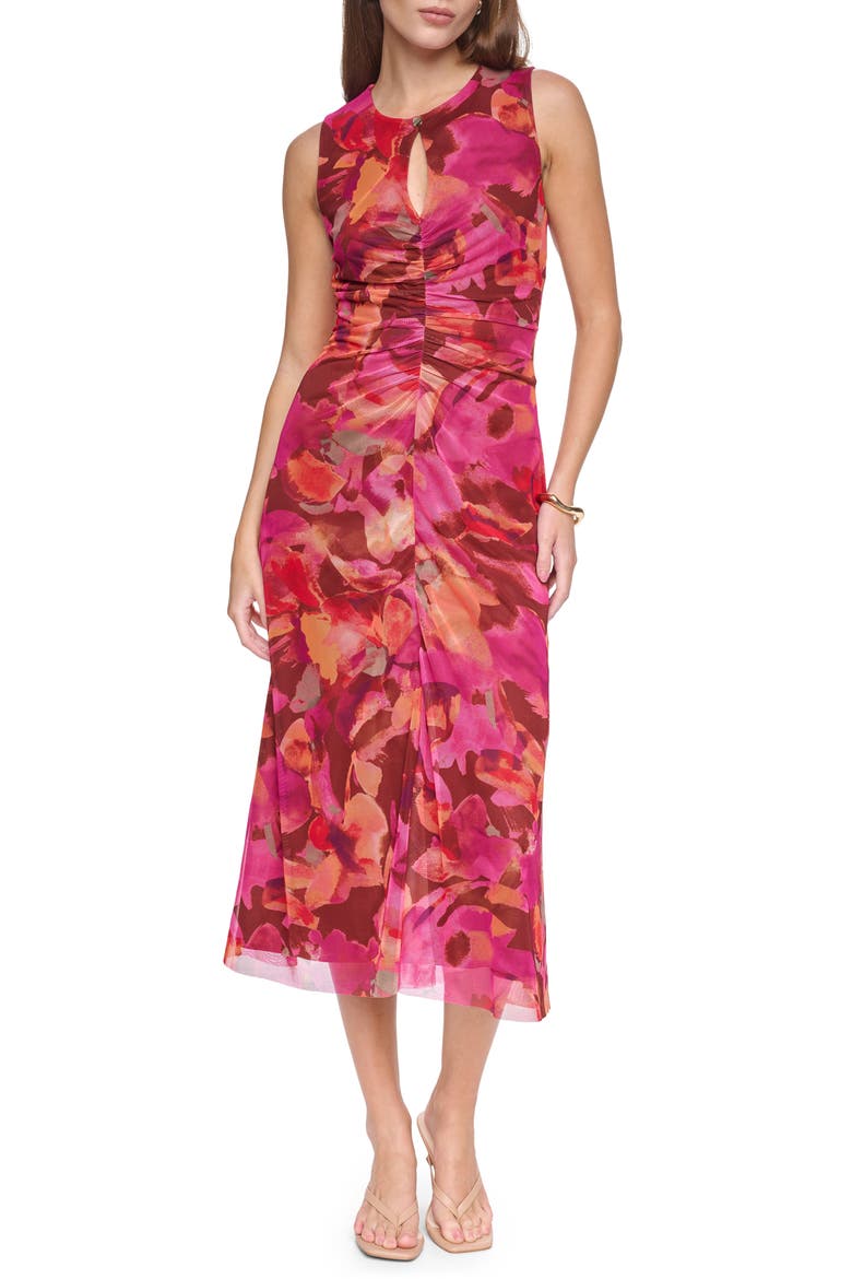 Sleeveless Mesh Keyhole Dress, Main, color, PINK BROWN MULTI