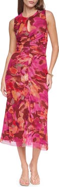 HALSTON Sleeveless Mesh Keyhole Dress