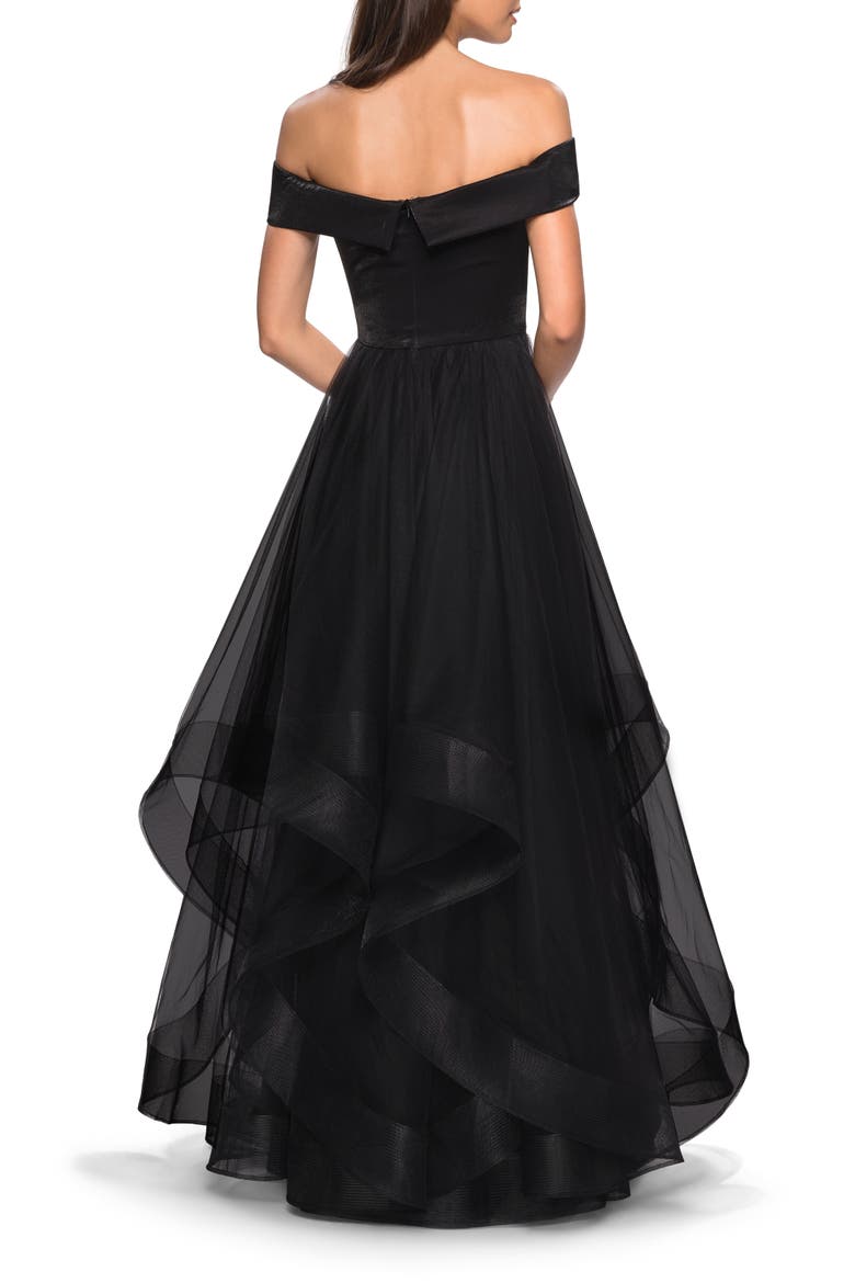 Elegant Off the Shoulder Tulle Layered Ball Gown, Alternate, color, Black