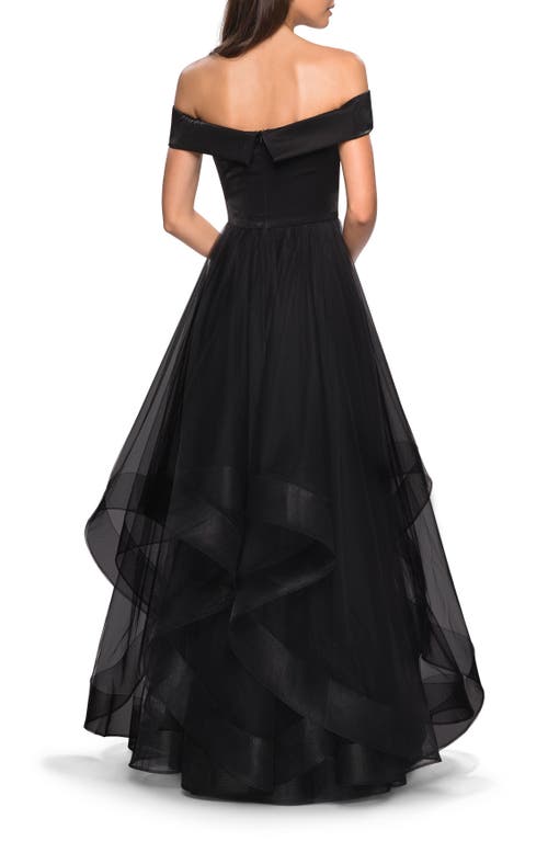 La Femme Off-the Shoulder Tulle Dress With Tiered Ruffle Skirt In Black In Black