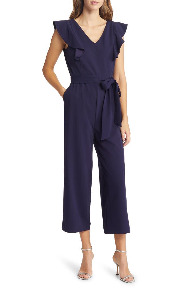 Tahari ASL Ruffle Tie Waist Scuba Crepe Crop Jumpsuit, Main, color, 