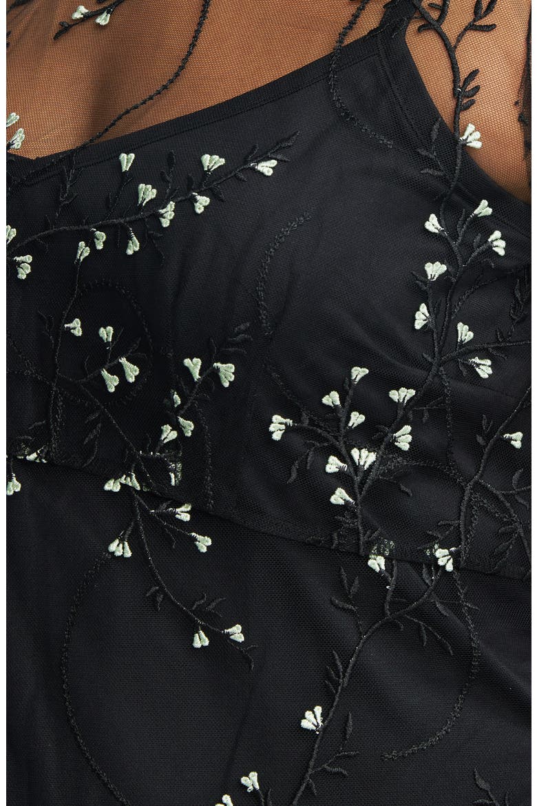 Floral Embroidered Mesh Cocktail Dress, Alternate, color, BLACK