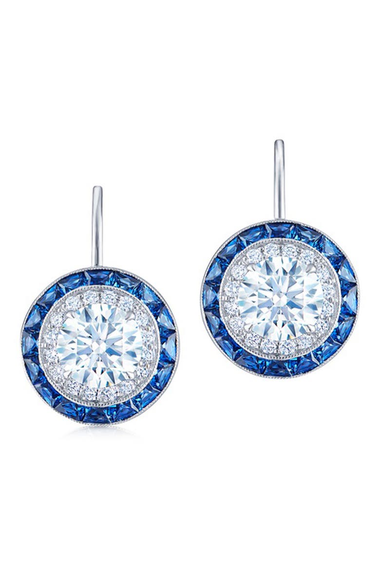 Diamond & Sapphire Halo Drop Earrings, Main, color, WHITE GOLD