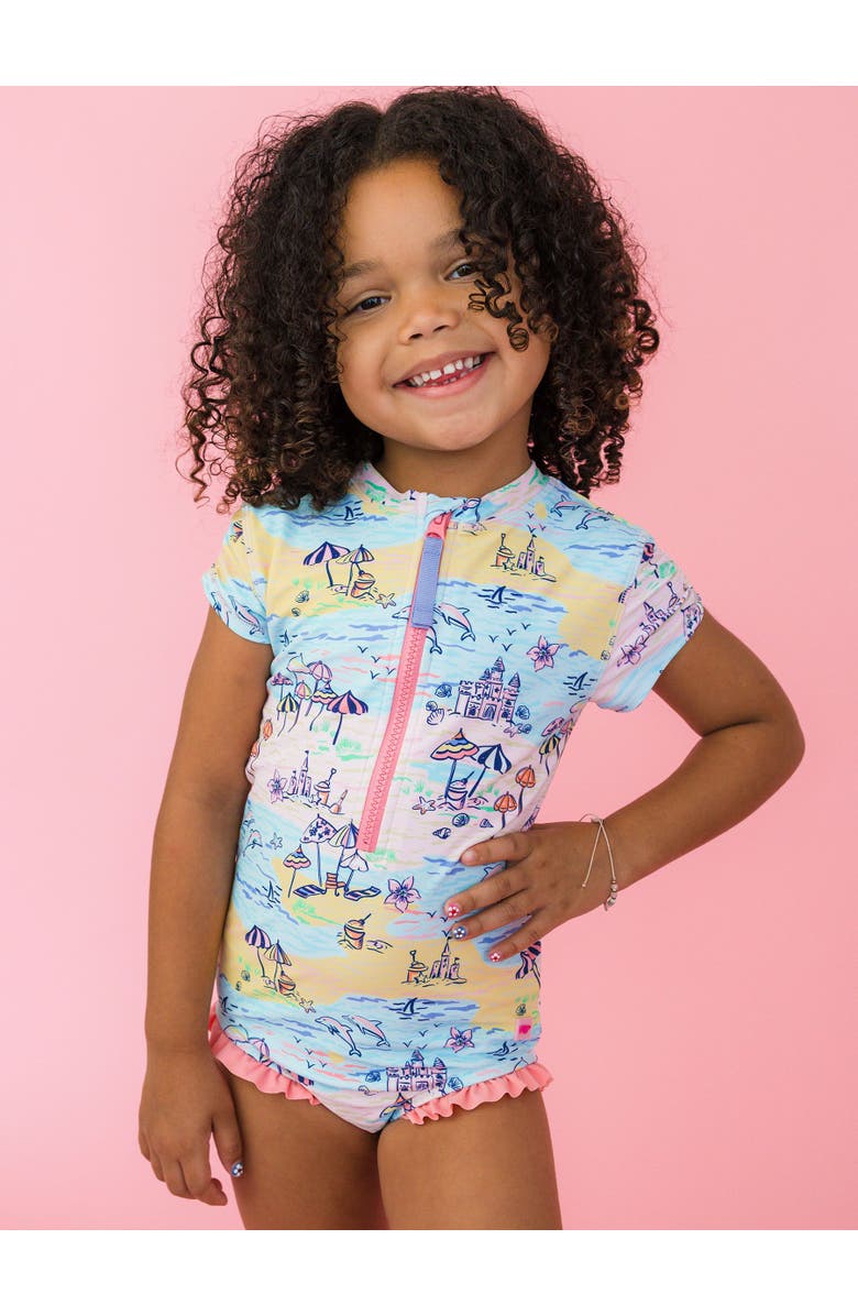 RuffleButts Girls Short Sleeve UPF50+ One Piece Rash Guard, Alternate, color, Beach Day