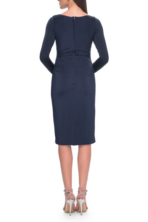 La Femme Short Simple Jersey Dress With Flattering Ruching In Navy