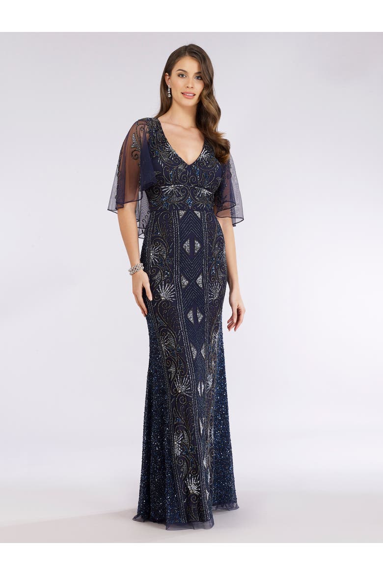 Cape Sleeve Beaded Gown, Main, color, Navy