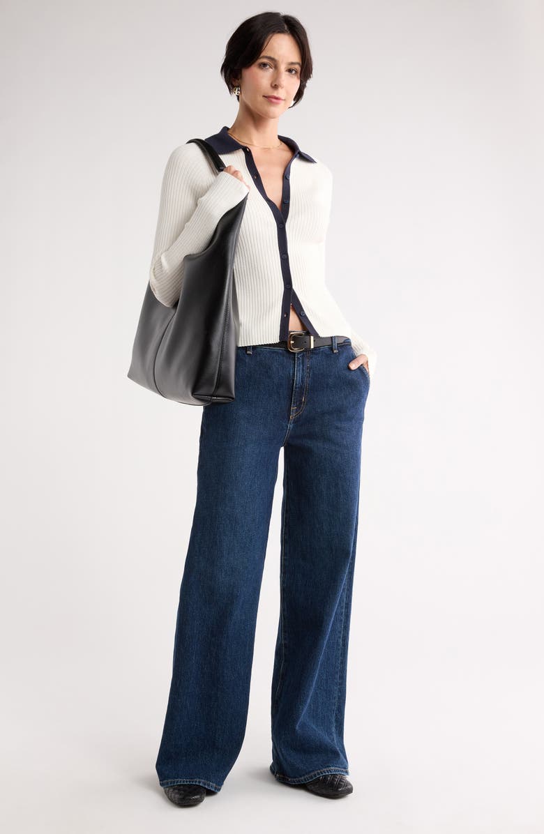 NORDSTROM RACK Raglan Polo Cardigan, Alternate, color, Ivory Tofu- Navy Combo