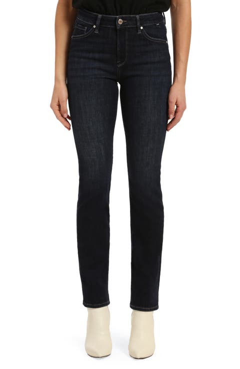 Kendra High Waist Straight Leg Jeans (Deep Brushed Feather Blue)