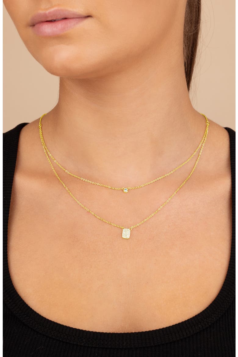 14K Yellow Gold Plated Bezel Cubic Zirconia Tag Layered Necklace, Alternate, color, GOLD
