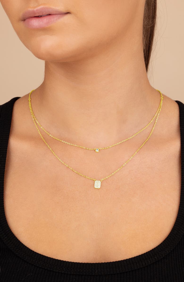 Sterling Forever 14K Yellow Gold Plated Bezel Cubic Zirconia Tag Layered Necklace, Alternate, color, Gold