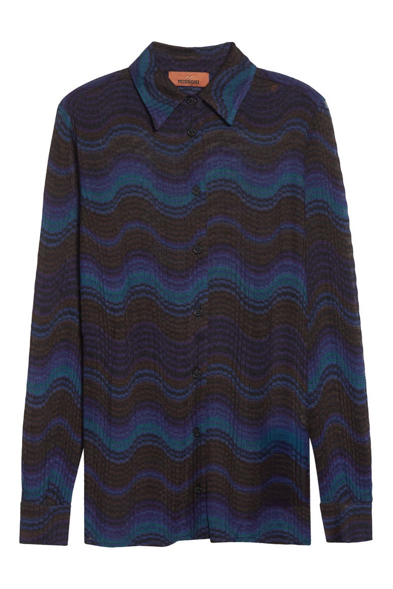 Wavy Stripe Raschel Knit Button-Up Shirt, Main, color, BLUE AND BROWN TONES
