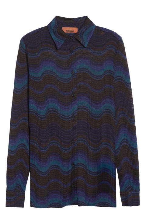 Wavy Stripe Raschel Knit Button-Up Shirt