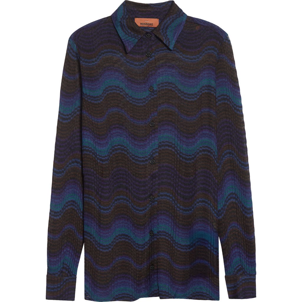 Missoni Wavy Stripe Raschel Knit Button-up Shirt In Blue