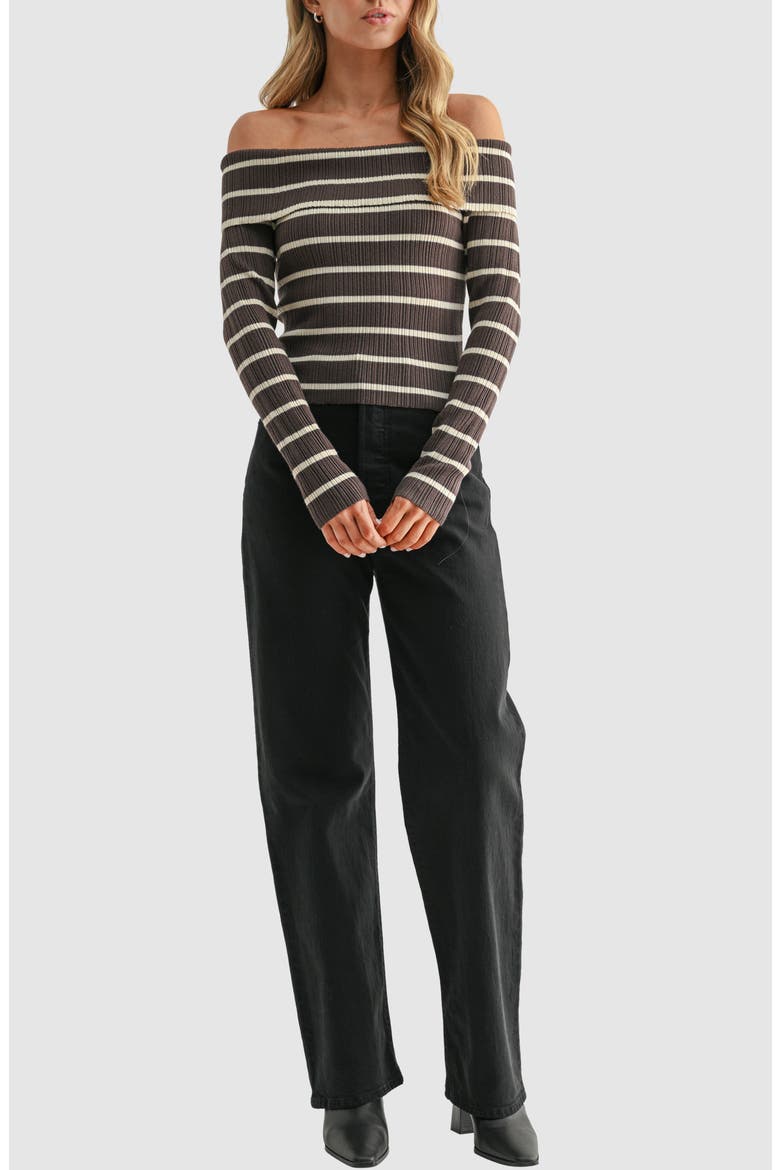 Off the Shoulder Rib Top, Alternate, color, BROWN CREAM