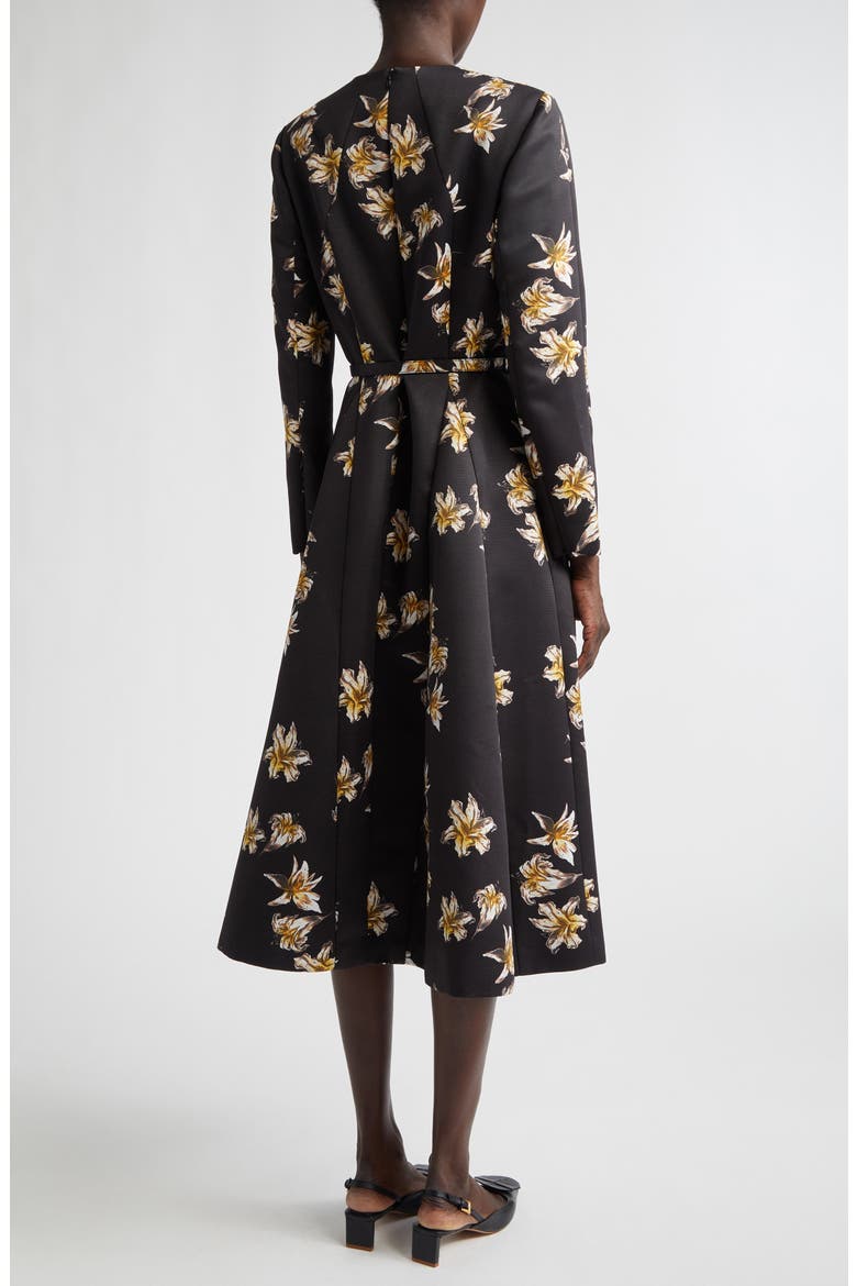 Uccelina Festive Lillies Long Sleeve Belted Fit & Flare Faille Midi Dress, Alternate, color, FESTIVE LILIES BLACK YELLOW