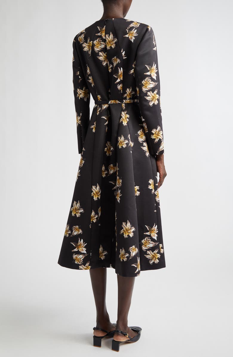 Emilia Wickstead Uccelina Festive Lillies Long Sleeve Belted Fit
Flare Faille Midi Dress, Alternate, color, Festive Lilies Black Yellow