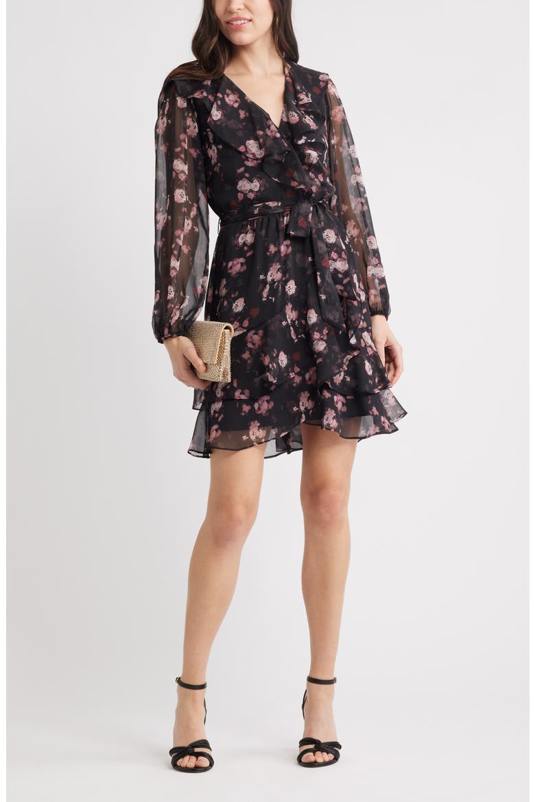 Floral Ruffle Trim Long Sleeve Chiffon Minidress, Alternate, color, BLACK- BURG FLORAL