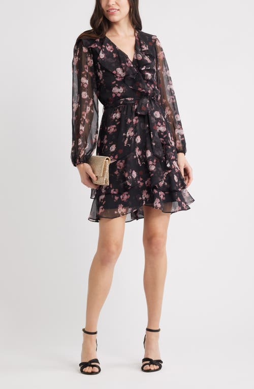 Chelsea28 Floral Ruffle Trim Long Sleeve Chiffon Minidress In Blue