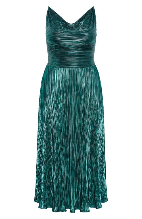 City Chic Kamila Cowl Neck Metallic Plissé Maxi Dress In Emerald