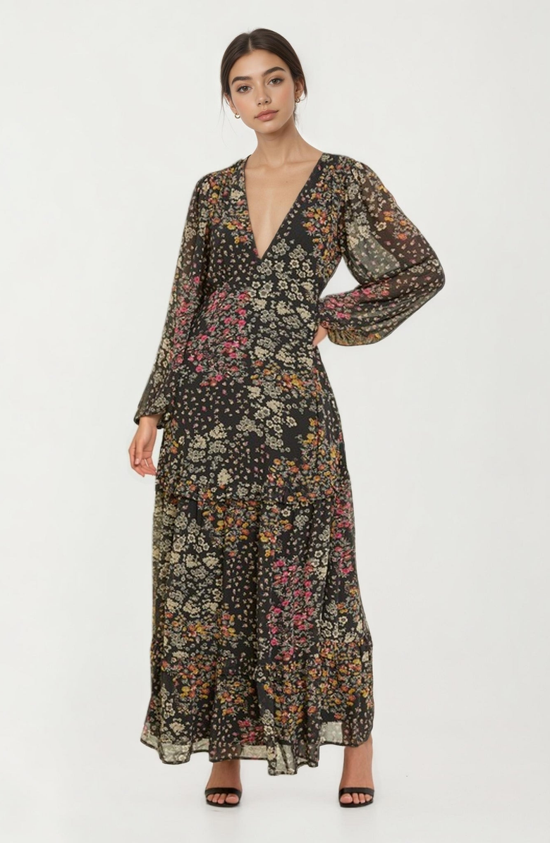 Knit and Lounge Floral Print Long Sleeve Maxi Dress with Deep V-Neckline, Main, color, Floral Print