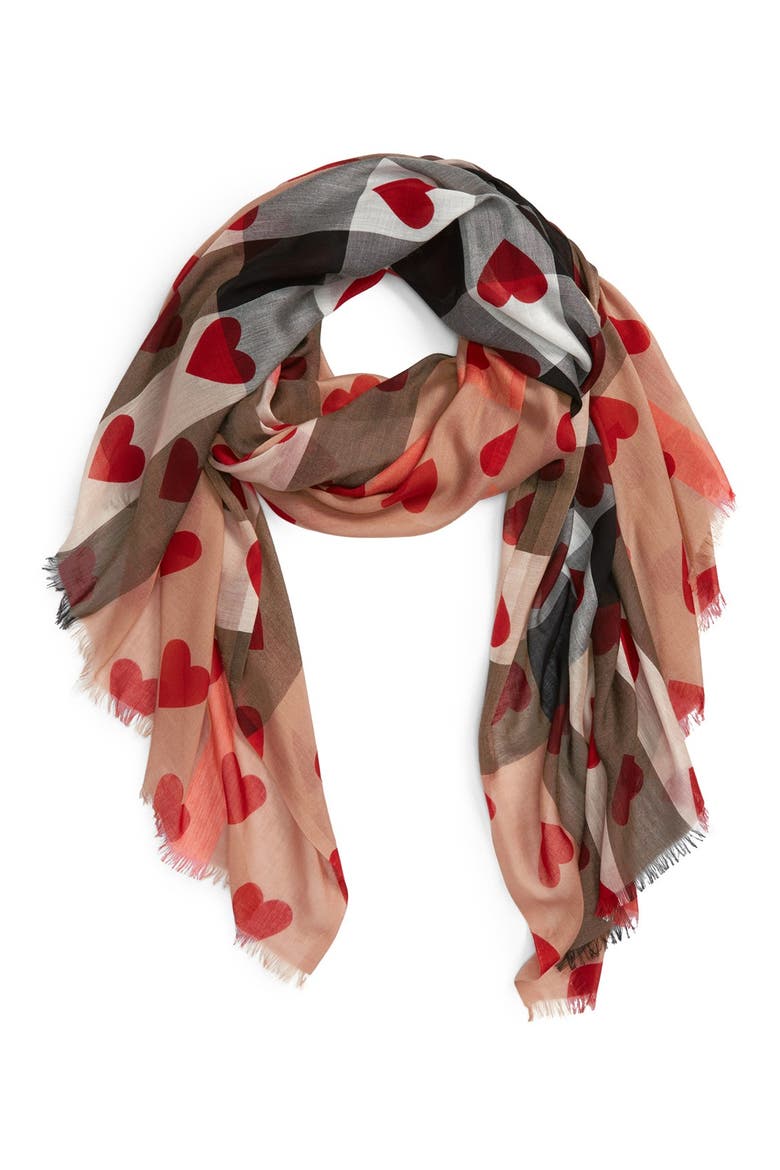 Check & Heart Pattern Scarf, Main, color, CAMEL/ RED
