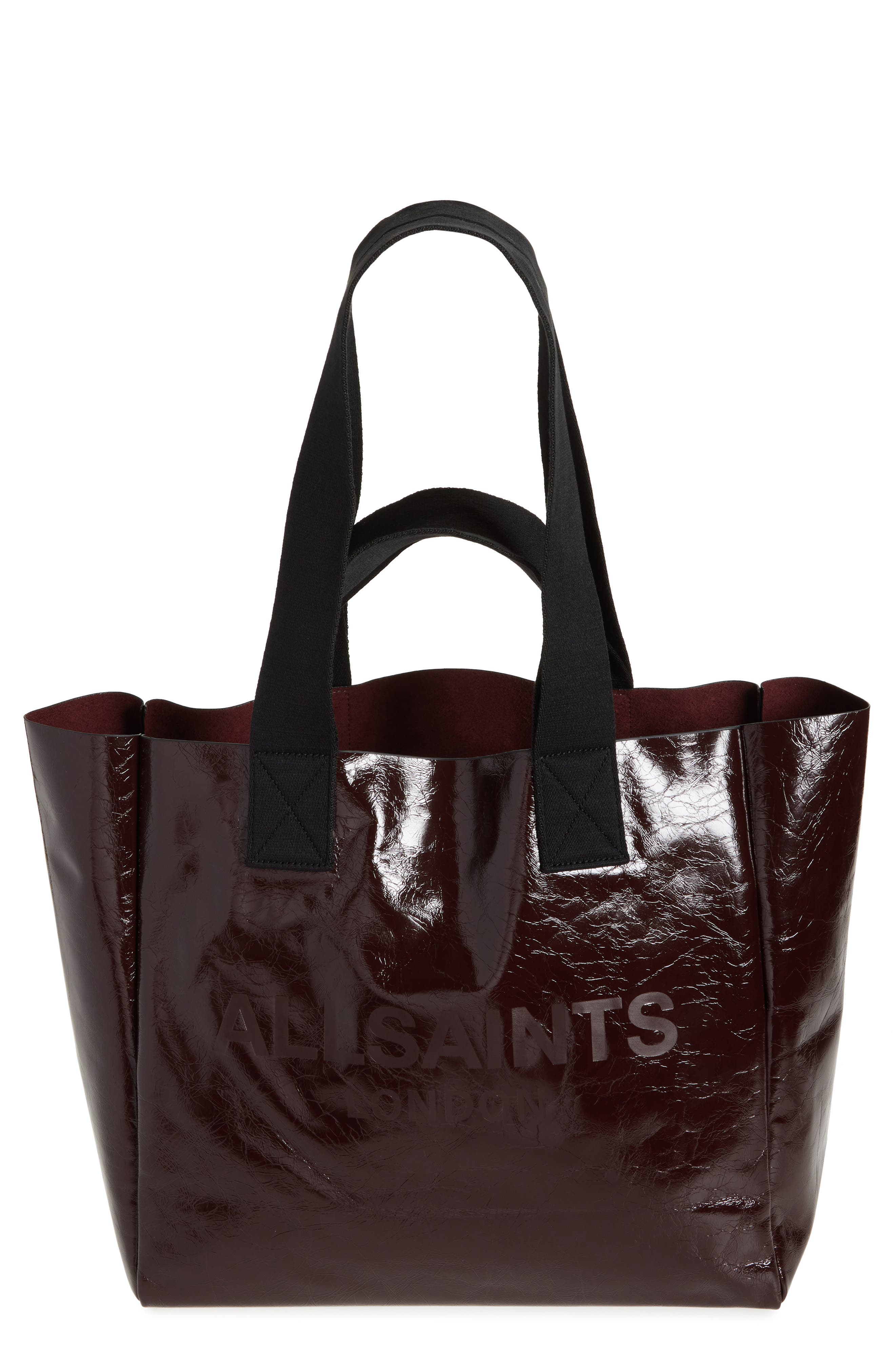 AllSaints Izzy Patent Leather Tote, Main, color, 