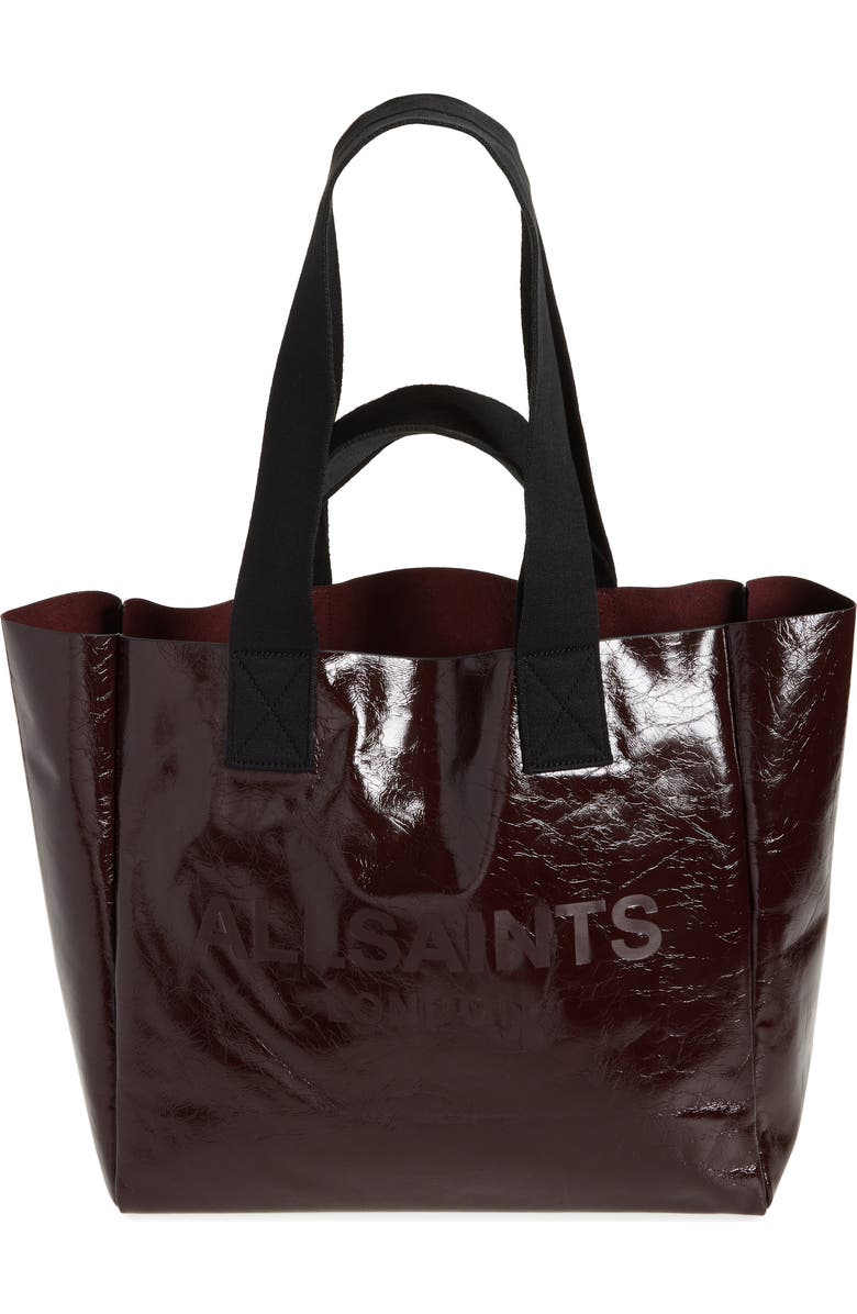 AllSaints Izzy Patent Leather Tote, Main, color,