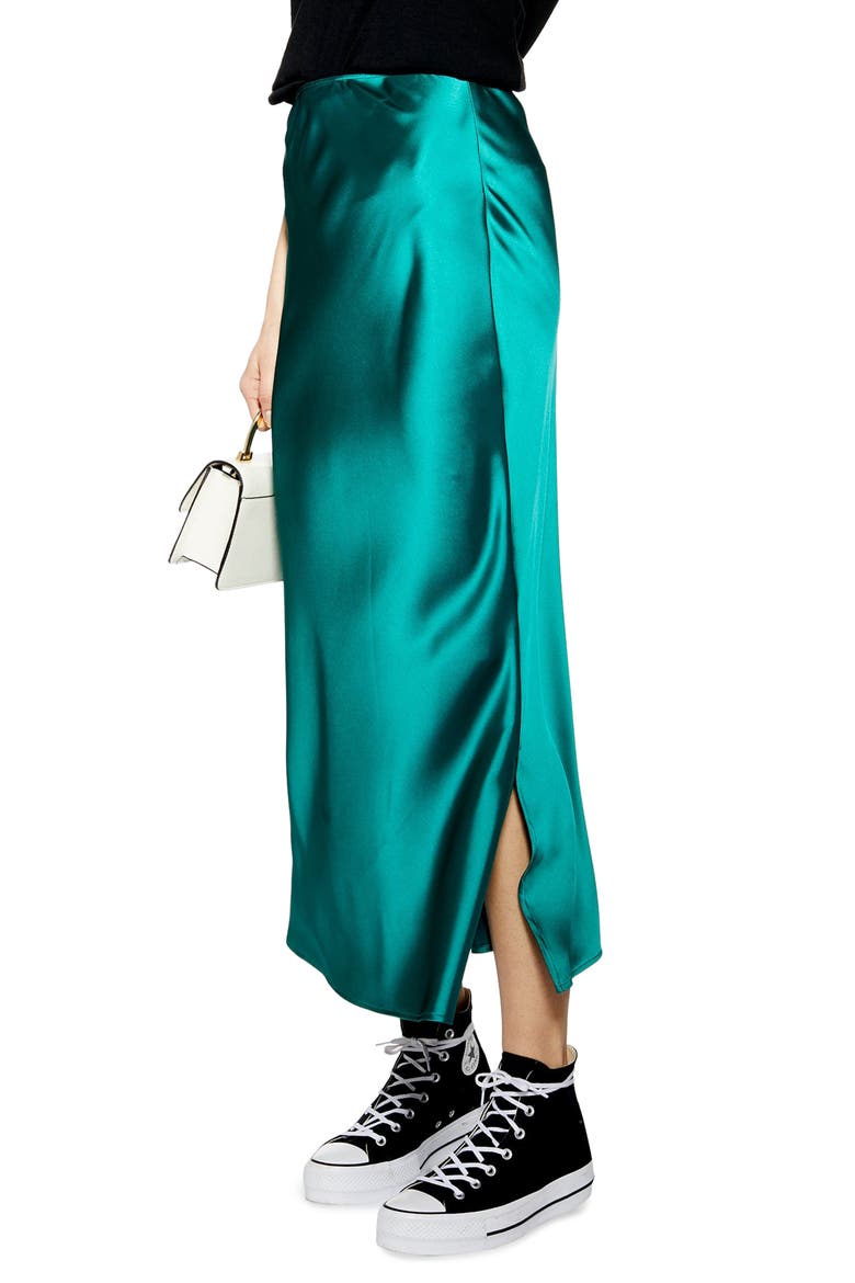 Split Side Bias Midi Skirt, Main, color, EMERALD