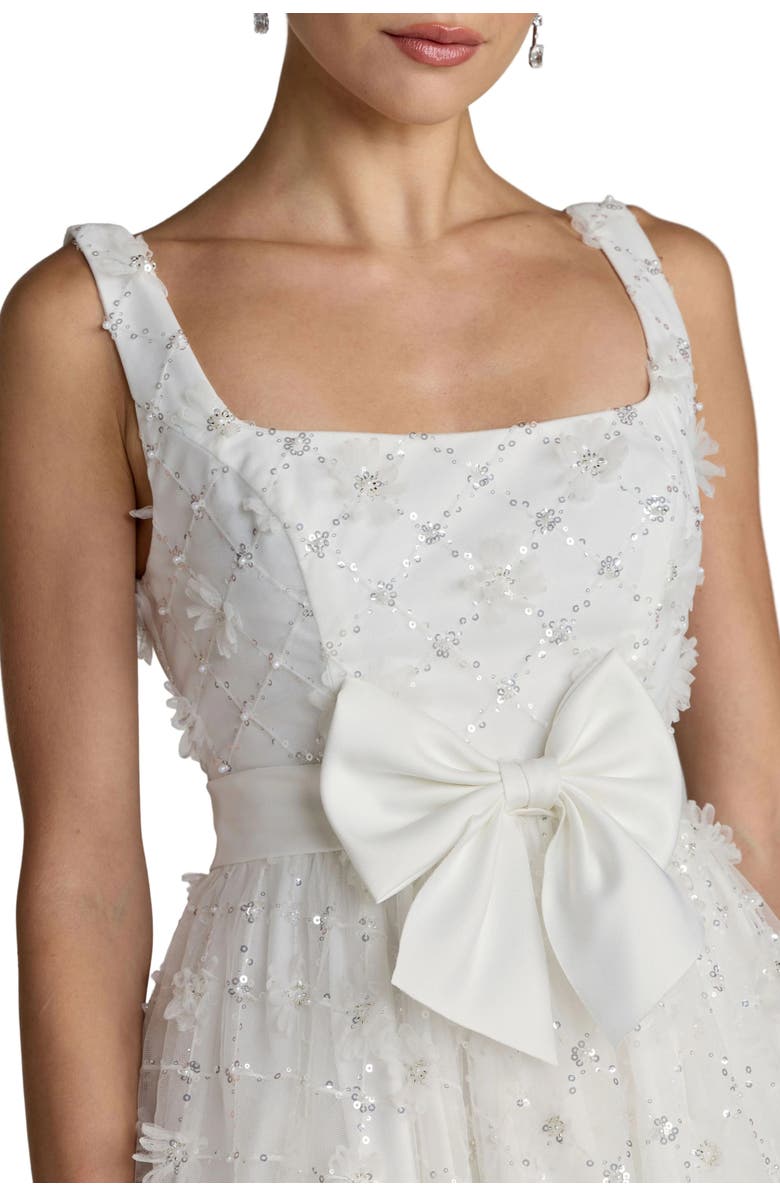 Mac Duggal Embellished Tulle Midi Dress with Satin Bow, Alternate, color, Ivory