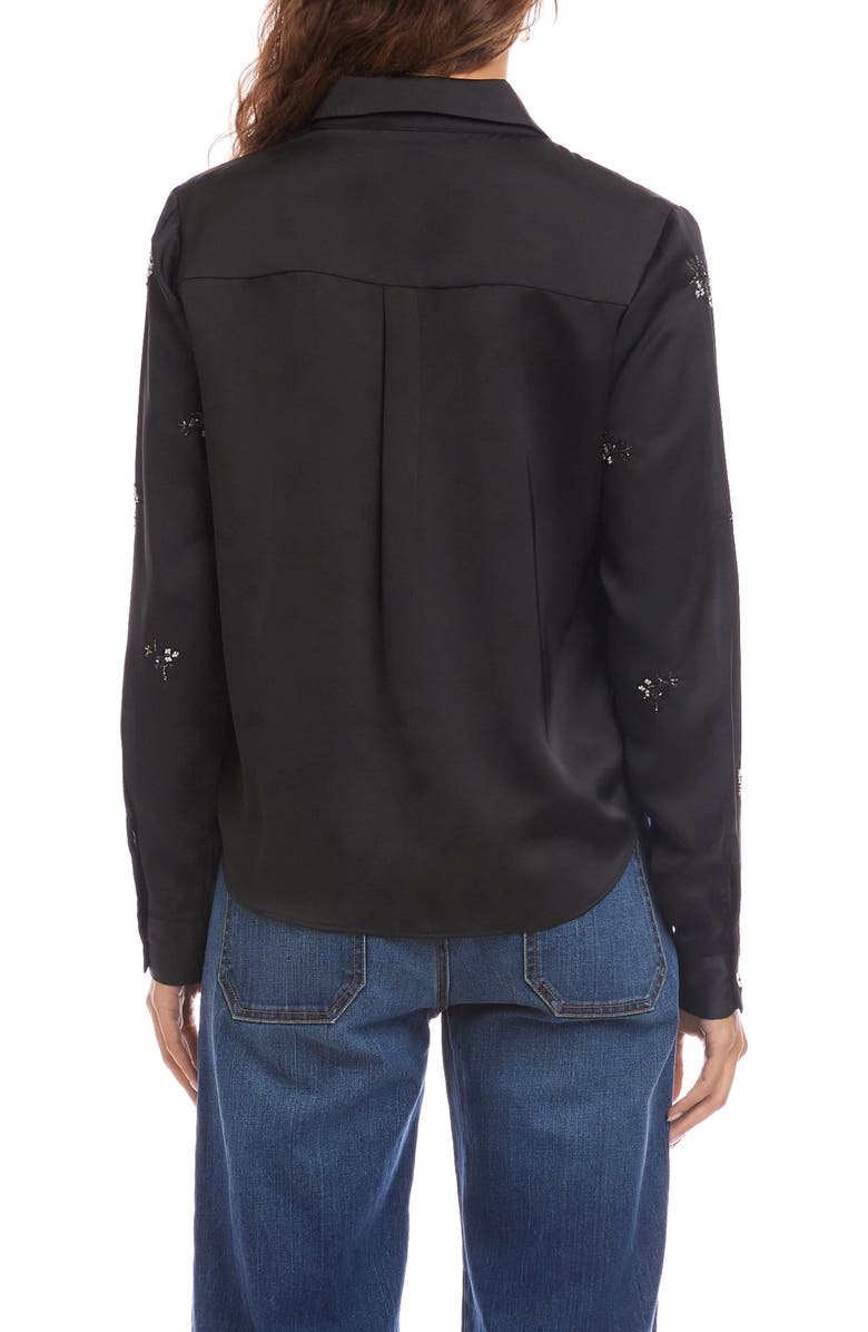 Karen Kane Floral Embellished Satin Button-Up Shirt, Alternate, color, Black