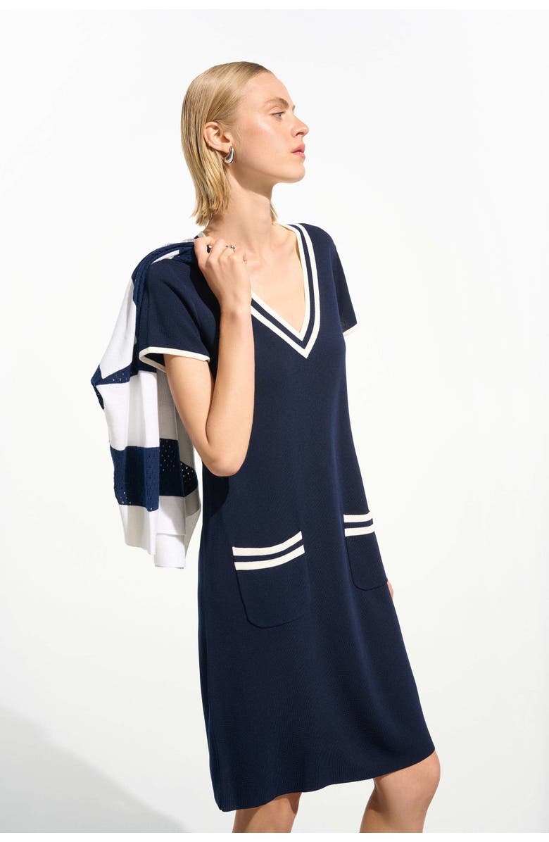 JOSEPH RIBKOFF Viscose Knit A-Line Dress With Rib Trim, Alternate, color, Indigo/Vanilla