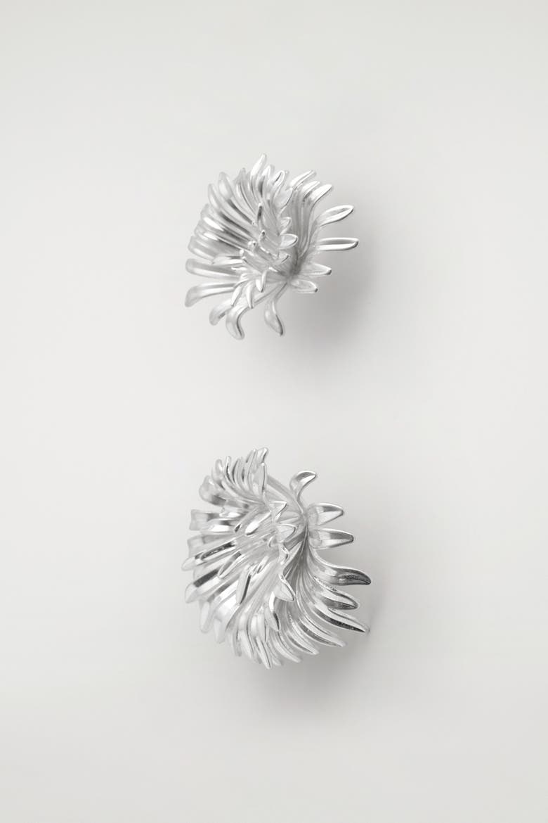 Asymmetric Abstract Floral Earrings, Alternate, color, SILVER