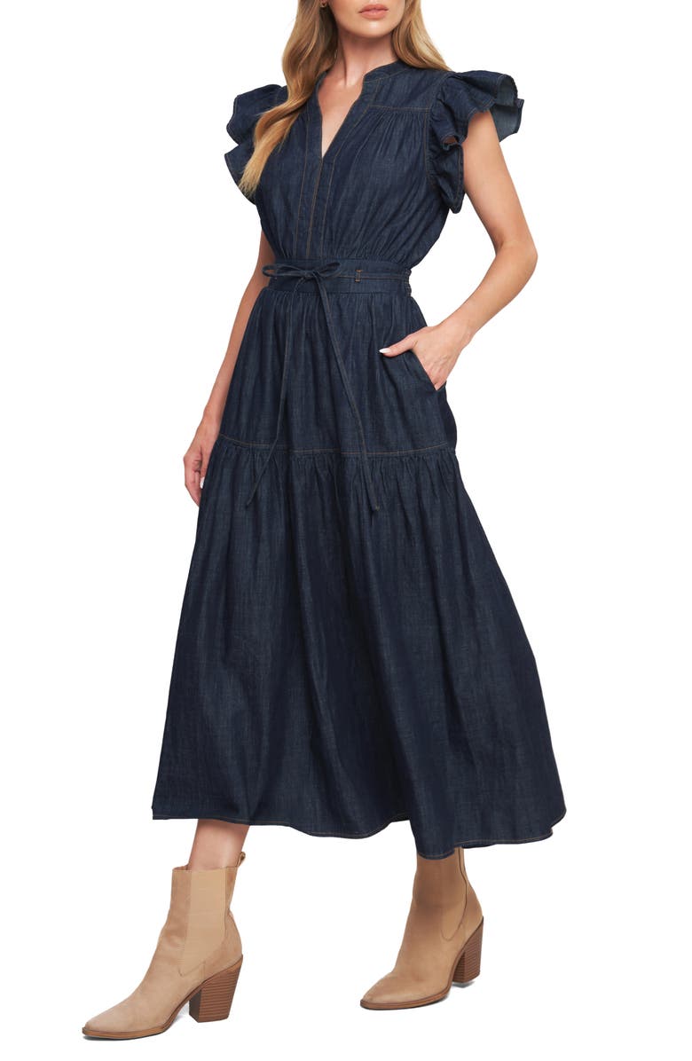 FLYING TOMATO Flutter Sleeve Denim Maxi Dress, Alternate, color, Dark Indigo