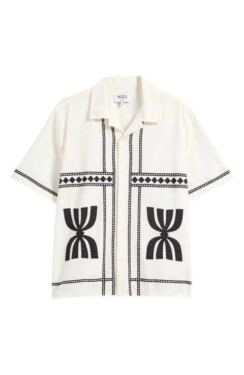 Didcot Embroidered Short Sleeve Cotton & Linen Button-Up Shirt