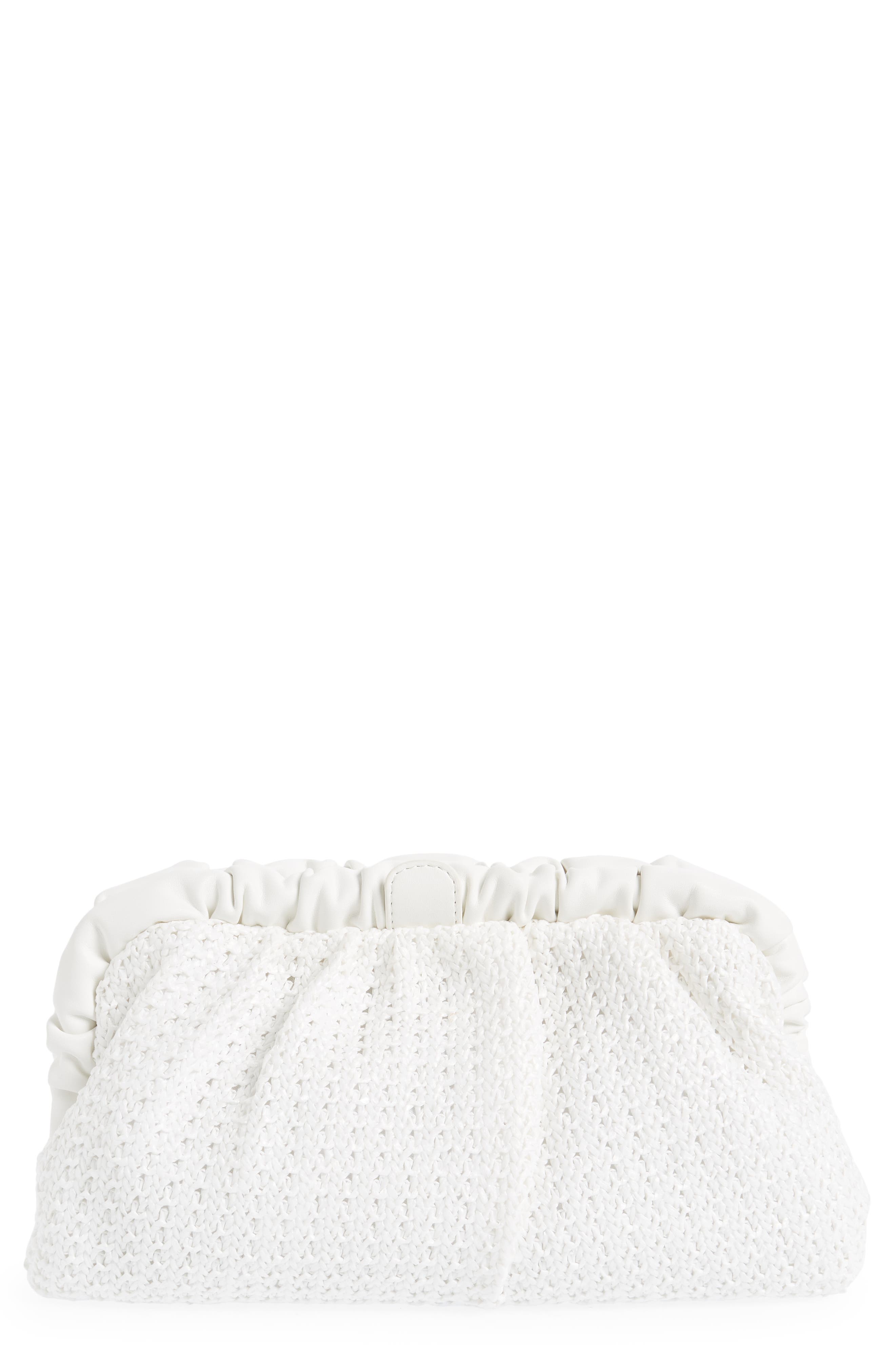 Olga Berg Amalia Pleated Woven Straw Clutch, Main, color, White