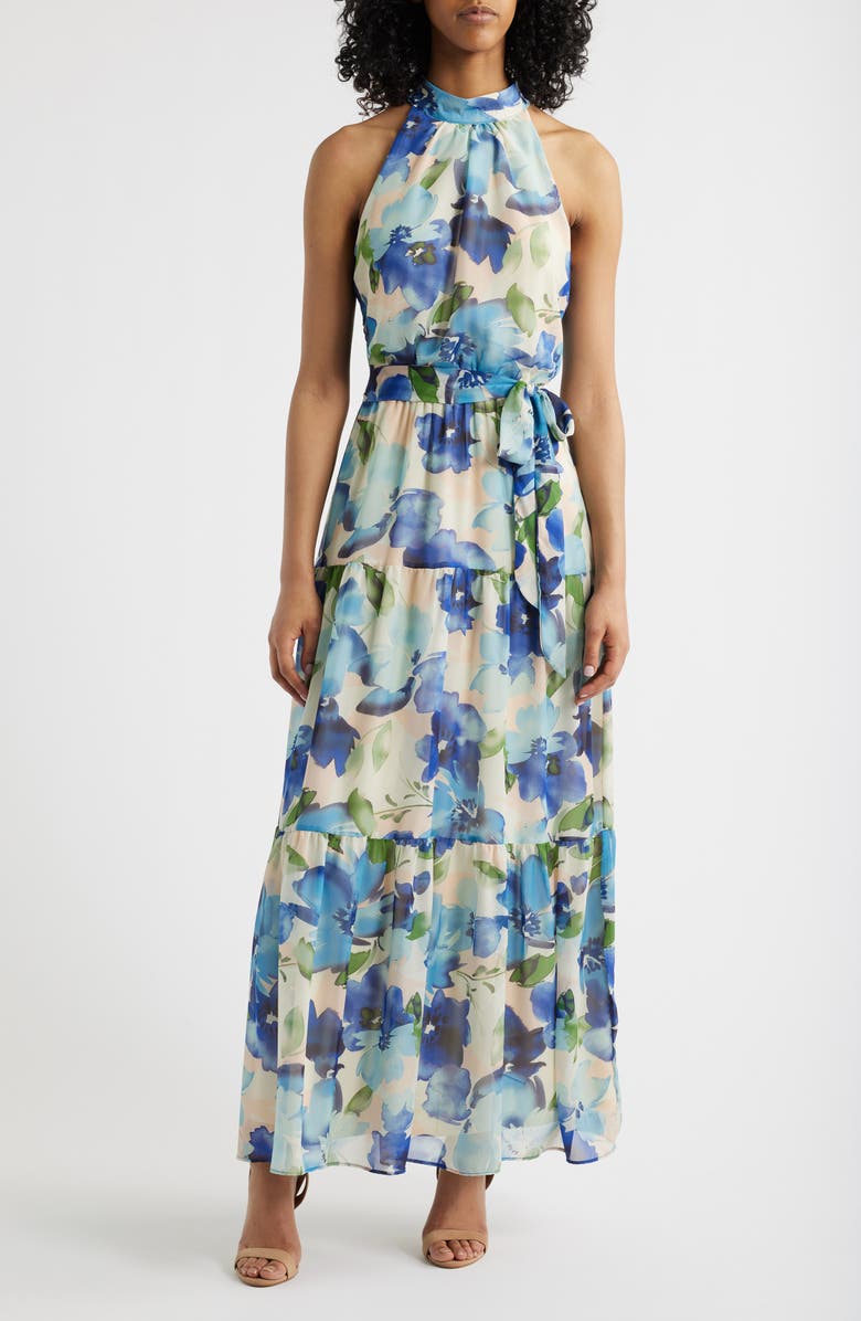 Julia Jordan Floral Chiffon Maxi Dress, Main, color, Blue Multi