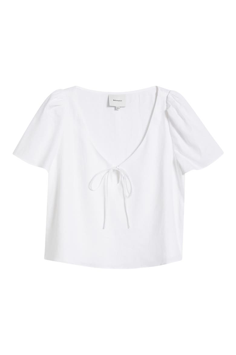Mayla Tie Keyhole Linen Top, Alternate, color, WHITE