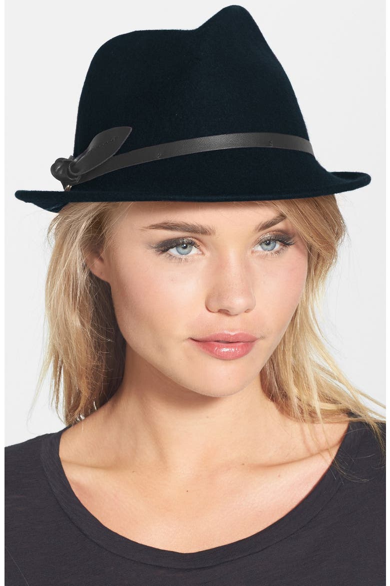 Leather Bow Felt Fedora, Main, color, BLACK