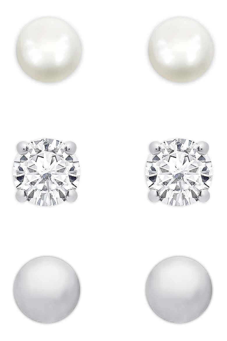 3-Pair Stud Earrings, Main, color, SILVER