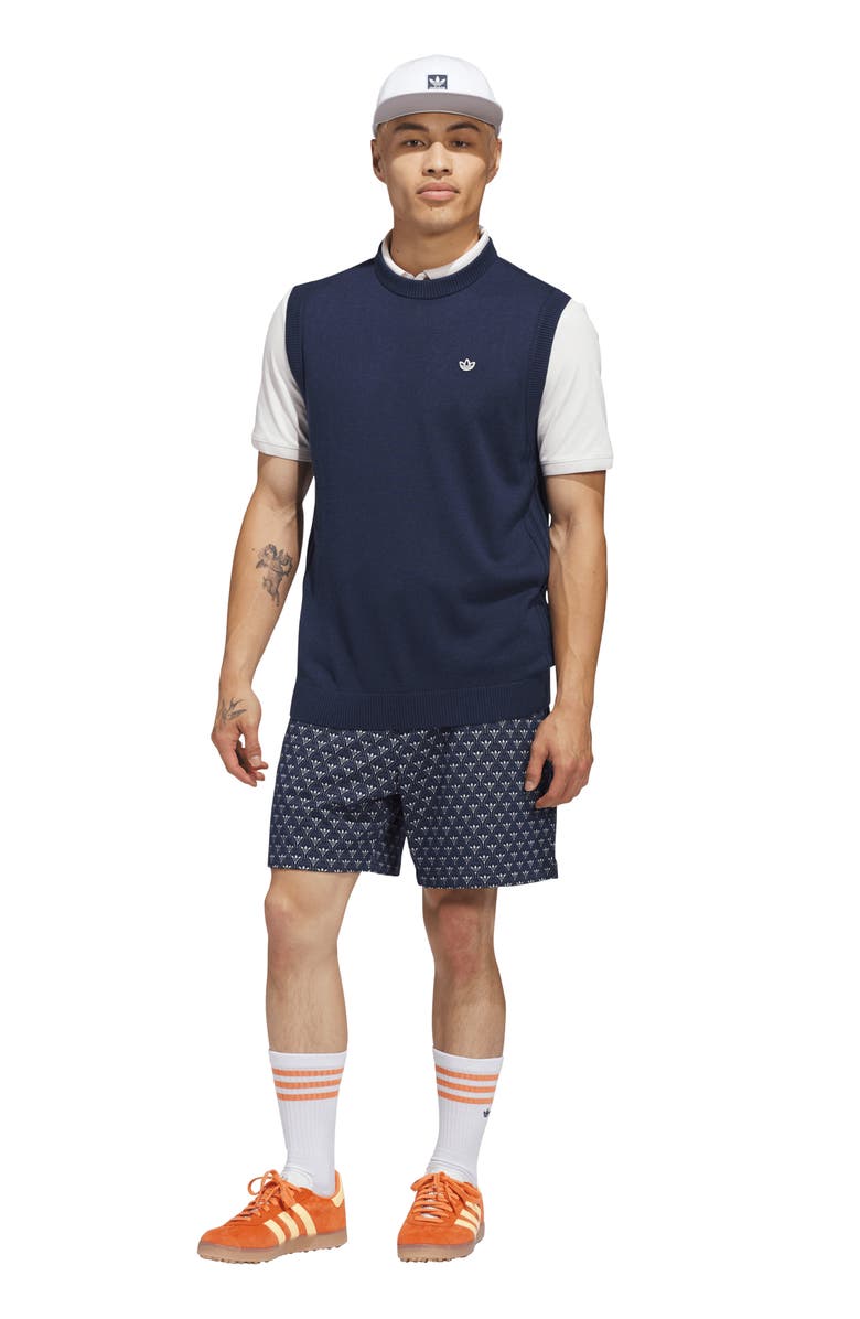 adidas Originals Trefoil & Tee Jacquard Piqué Flat Front Golf Shorts, Alternate, color, Night Indigo/ Chalk White