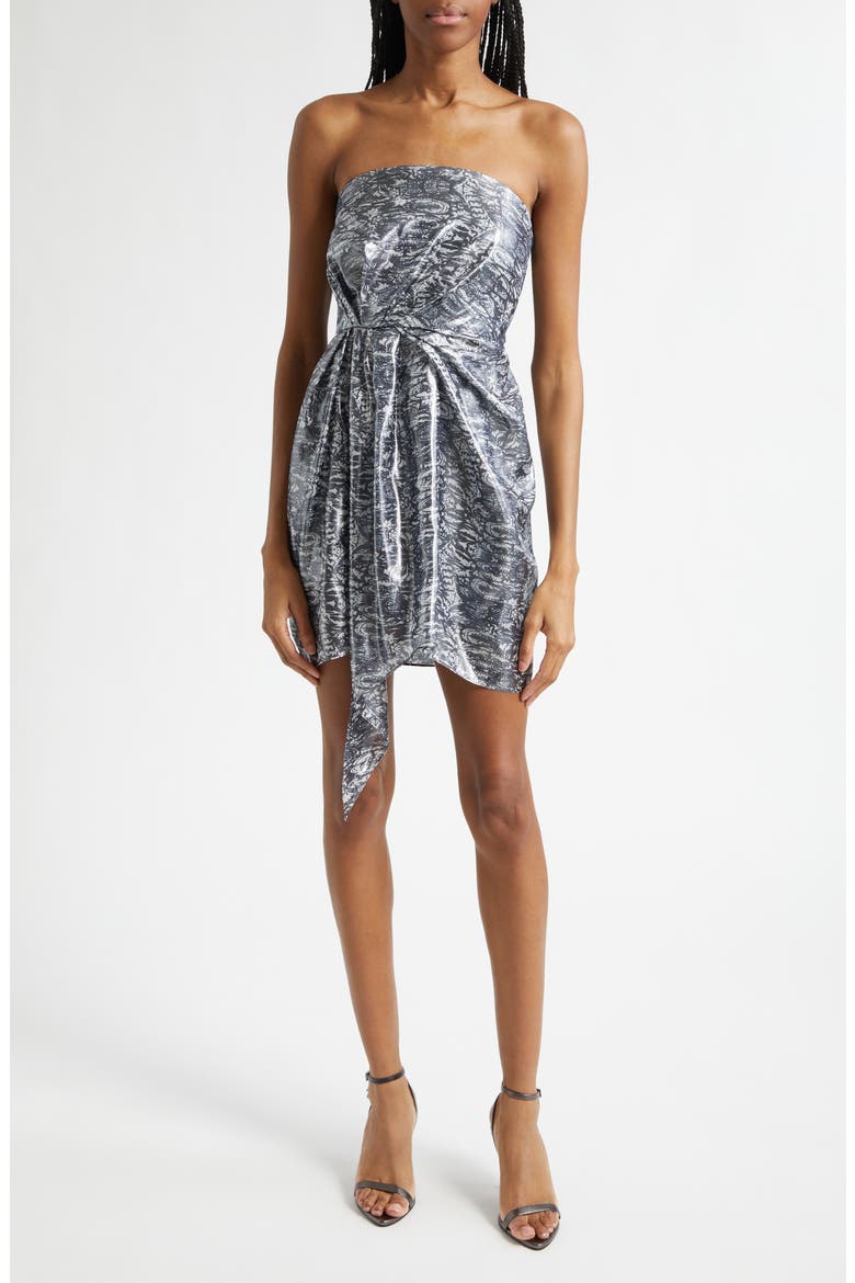 Rhonda Metallic Abstract Print Strapless Silk Cocktail Dress, Main, color, NAVY LUREX