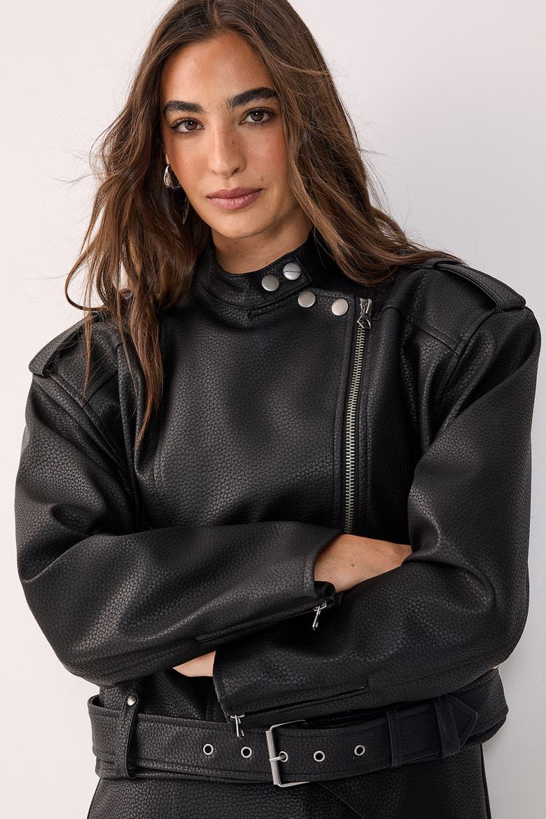 Belted Faux Leather Biker Jacket, Alternate, color, Black